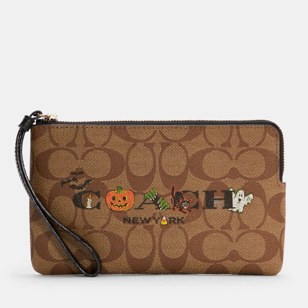 NWT! 🎃👻 Coach Large Corner Zip Wristlet In Signature Canvas With Halloween